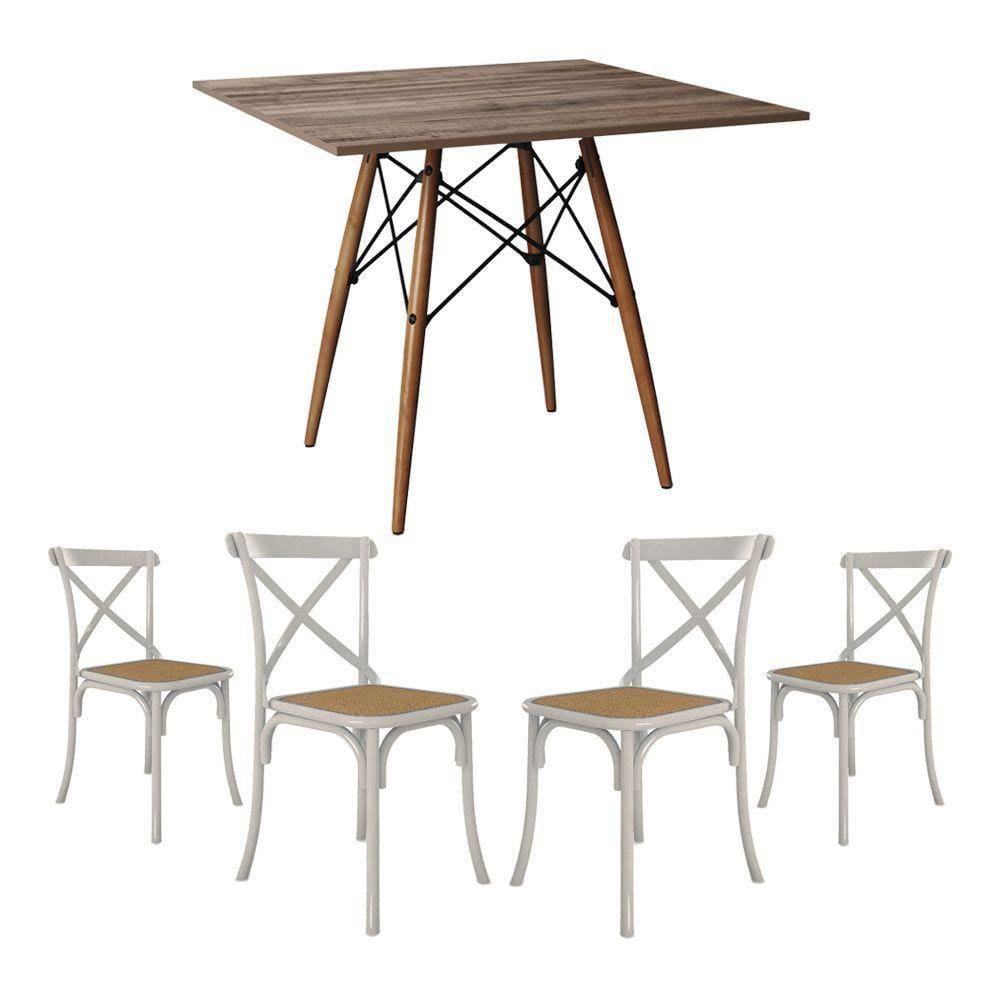 Jogo De Mesa Eiffel Quadrado Tampo De Madeira 90Cm Amêndoa Com 4 Cadeiras Katrina Brancao Beg