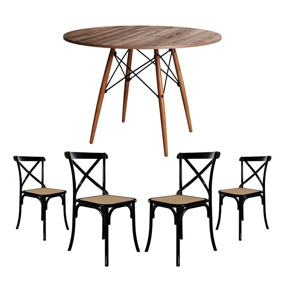 Jogo De Mesa Eiffel Redondo Tampo De Madeira 90Cm Amêndoa Com 4 Cadeiras Katrina Preto Assento Bege