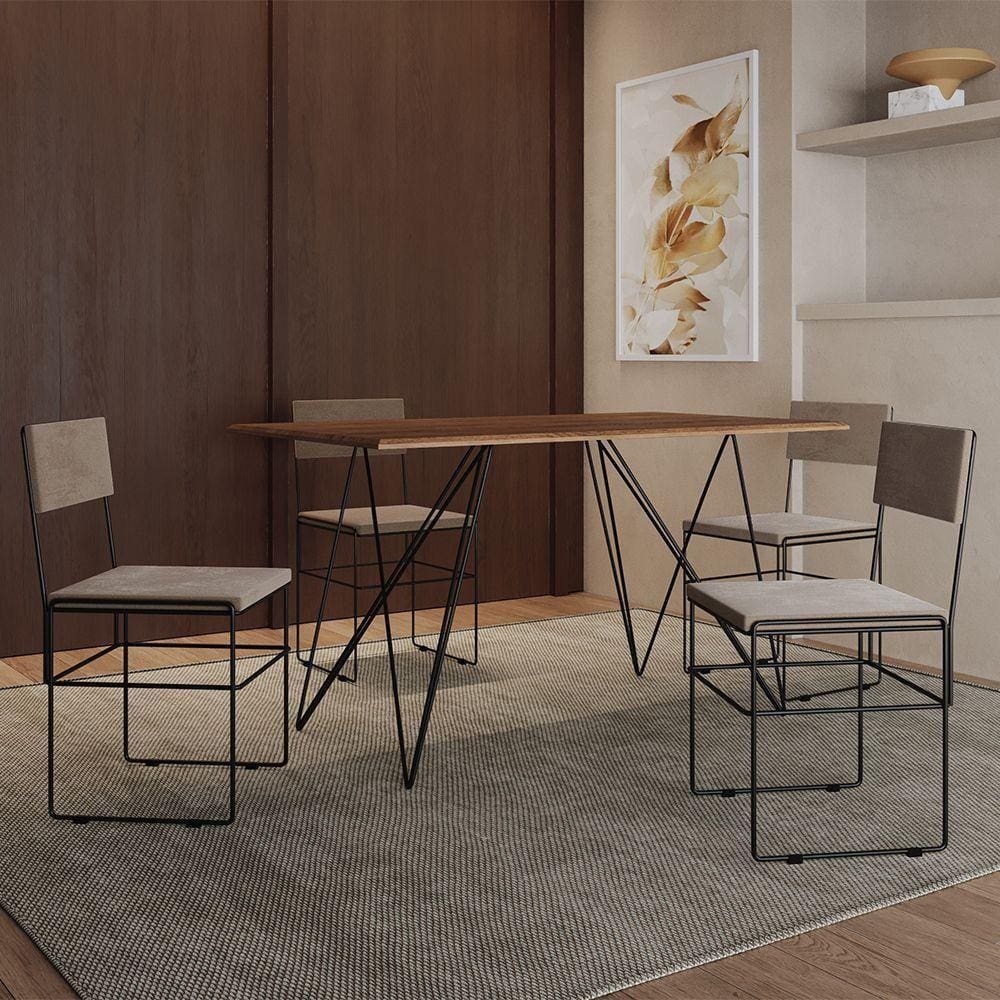 Mesa Jantar Industrial Trama 1,40X0,80M Amêndoa Com 4 Cadeiras Estofadas Vitória Bege E Preta
