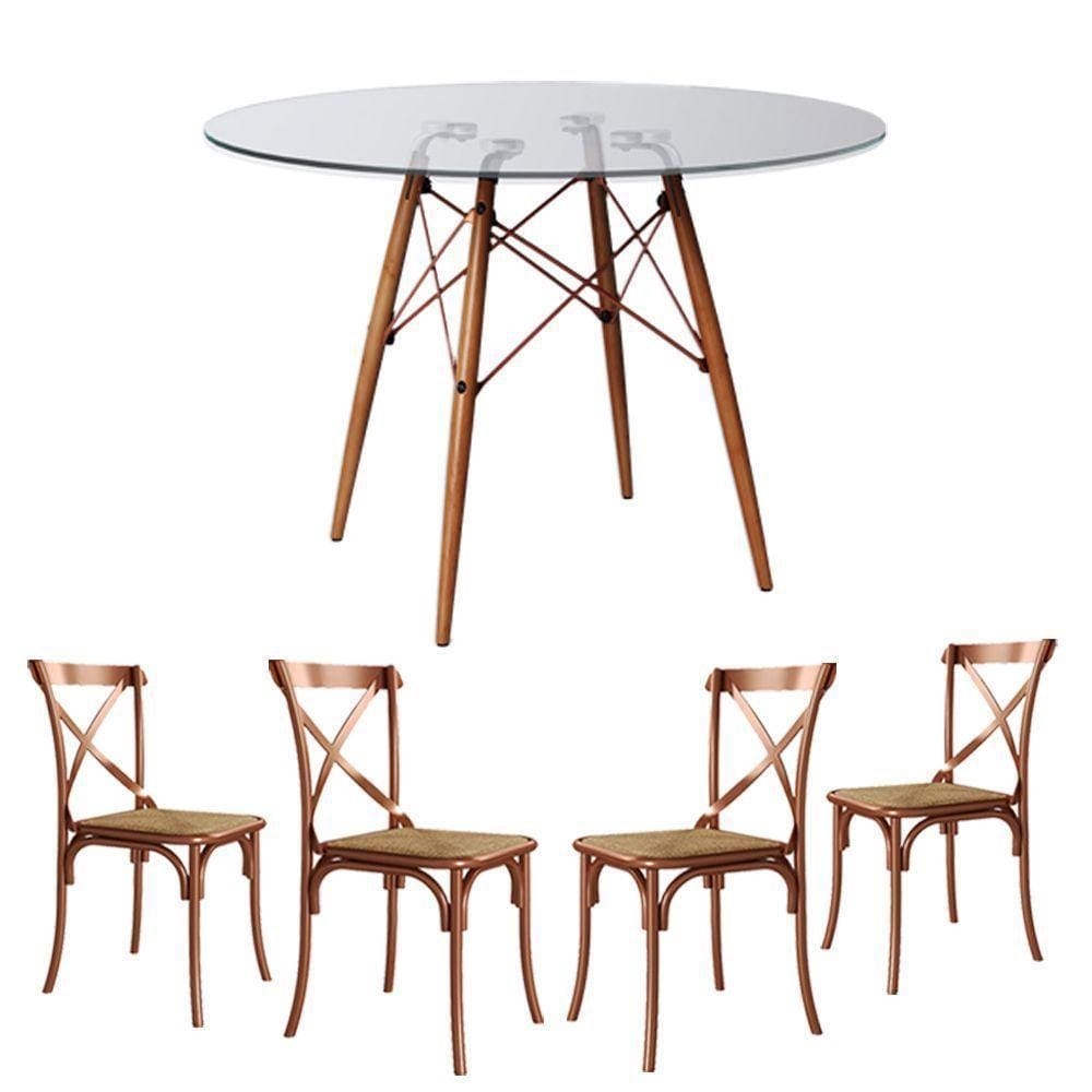Jogo De Mesa Eiffel Redondo Tampo De Madeira 90Cm Branco Com 4 Cadeiras Katrina Cobreo Corano