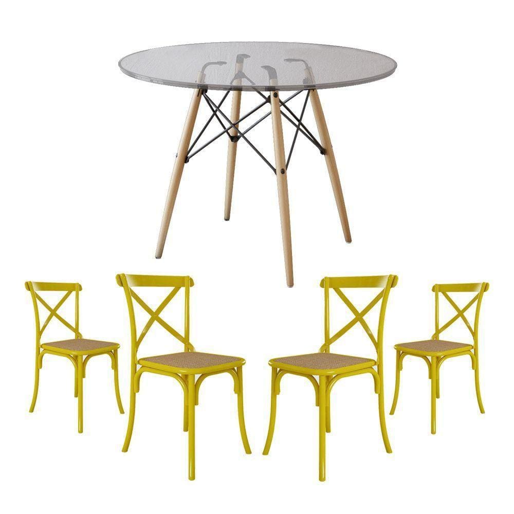 Conjunto De Mesa Eiffel Redondo Tampo De Vidro 110Cm Com 4 Cadeiras Katrina Amarela Assento Bege