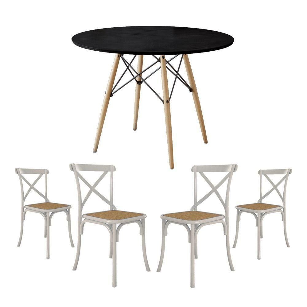 Jogo De Mesa Eiffel Redondo Tampo De Madeira 110Cm Preto Com 4 Cadeiras Katrina Branca Assento Bege