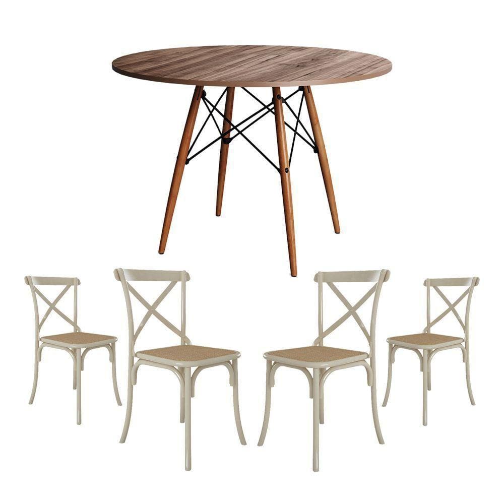 Jogo De Mesa Eiffel Redondo Tampo De Madeira 110Cm Amêndoa Com 4 Cadeiras Katrina Off White Assento