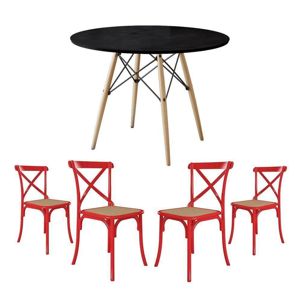 Jogo De Mesa Eiffel Redondo Tampo De Madeira 110Cm Preto Com 4 Cadeiras Katrina Vermelhao Beg