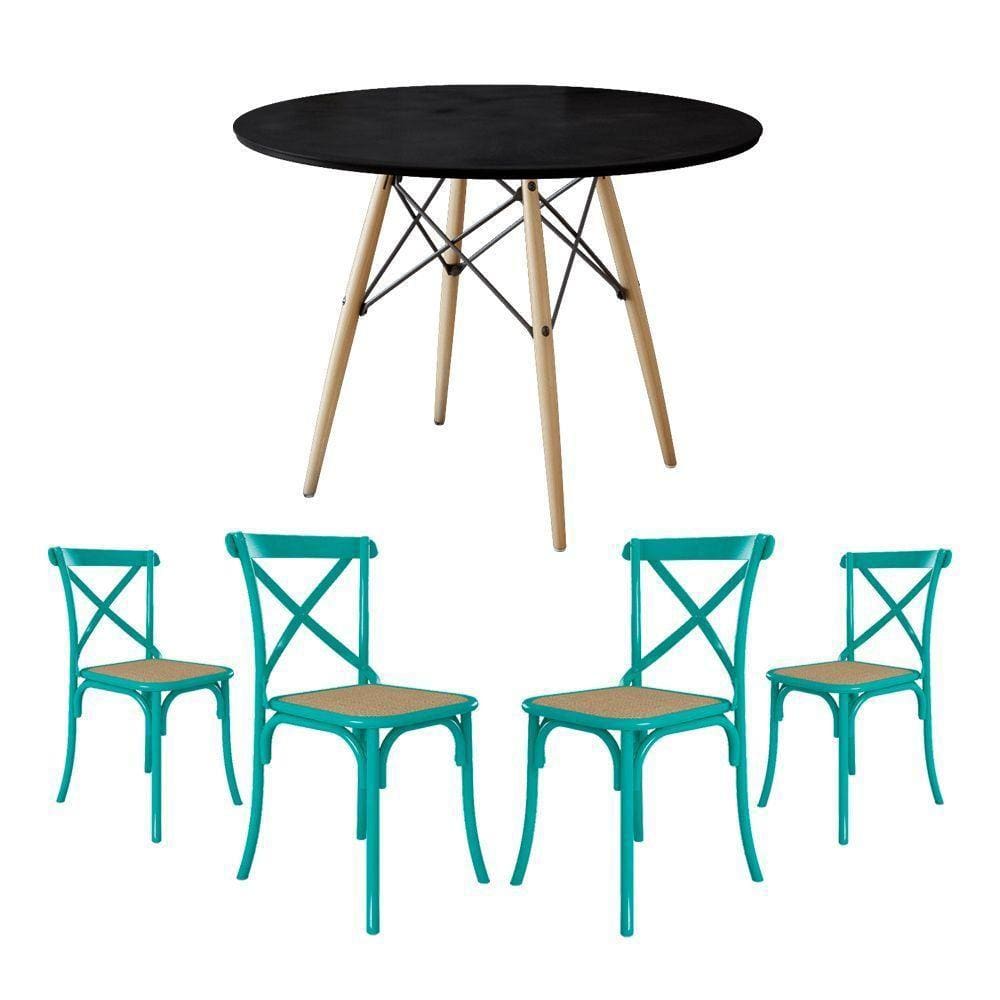 Jogo De Mesa Eiffel Redondo Tampo De Madeira 90Cm Preto Com 4 Cadeiras Katrina Azul Turquesao