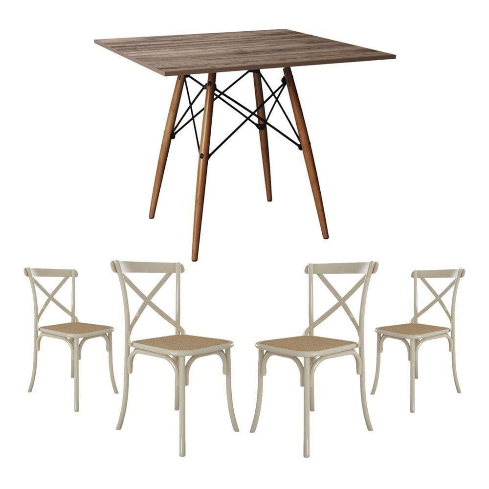 Jogo De Mesa Eiffel Quadrado Tampo De Madeira 90Cm Amêndoa Com 4 Cadeiras Katrina Off White Assento