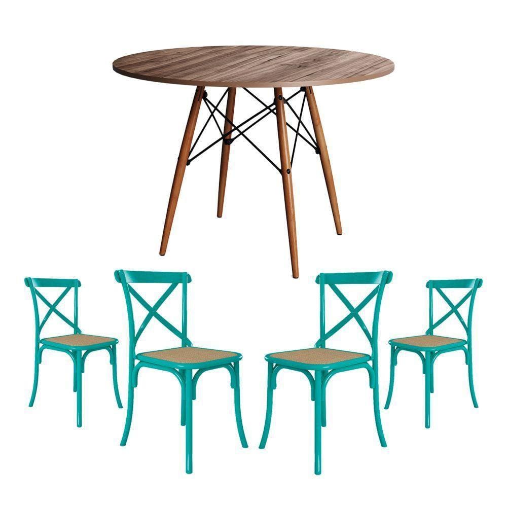 Jogo De Mesa Eiffel Redondo Tampo De Madeira 110Cm Amêndoa Com 4 Cadeiras Katrina Azul Turquesa