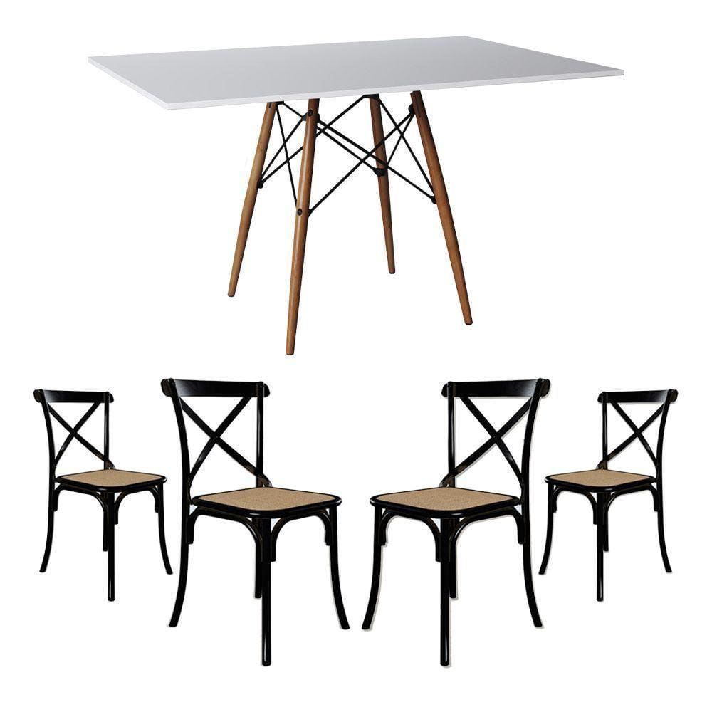 Jogo De Mesa Eiffel Retangular Tampo De Madeira 120X75Cm Branco Com 4 Cadeiras Katrina Pretoo