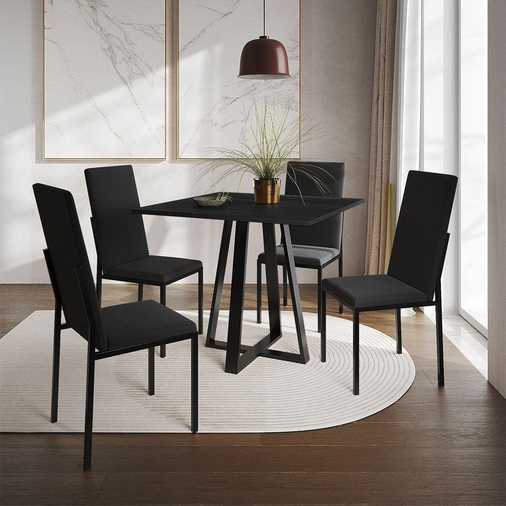 Conjunto De Jantar Mesa Mônaco Premium 90Cm Preta Com 4 Cadeiras Estofadas Pretas - Cor: Preto