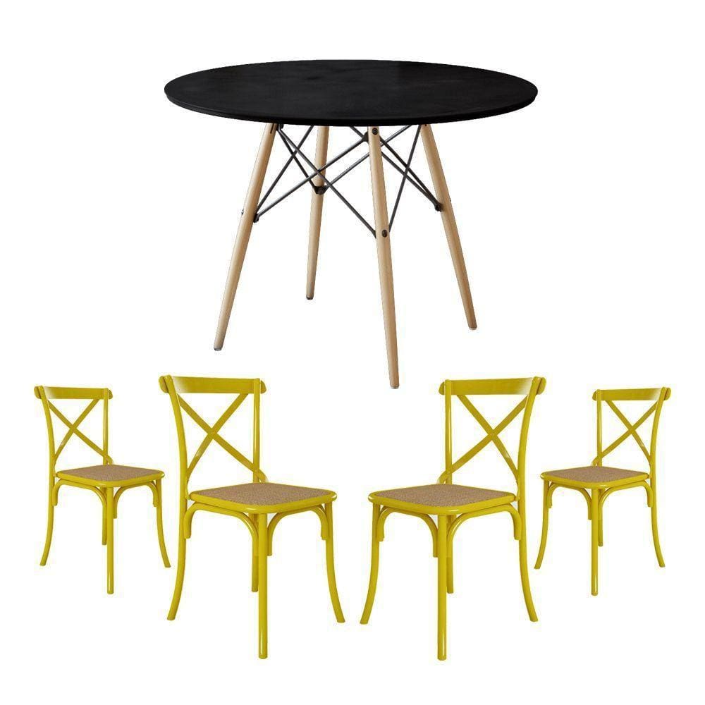 Jogo De Mesa Eiffel Redondo Tampo De Madeira 90Cm Preto Com 4 Cadeiras Katrina Amarela Assento Bege