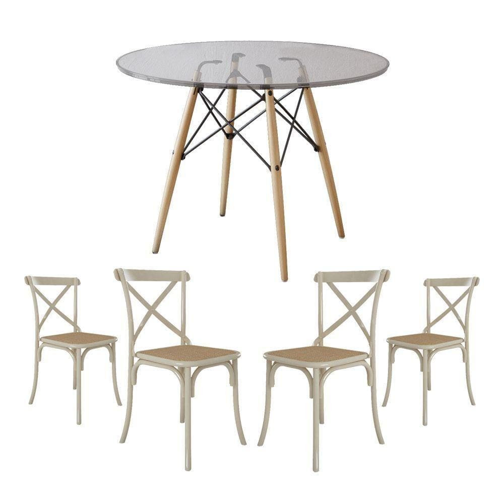 Jogo De Mesa Eiffel Redondo Tampo De Vidro 110Cmcom 4 Cadeiras Katrina Off White Assento Bege