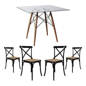Jogo De Mesa Eiffel Quadrado Tampo De Vidro 110Cm Com 4 Cadeiras Katrina Preto Assento Bege