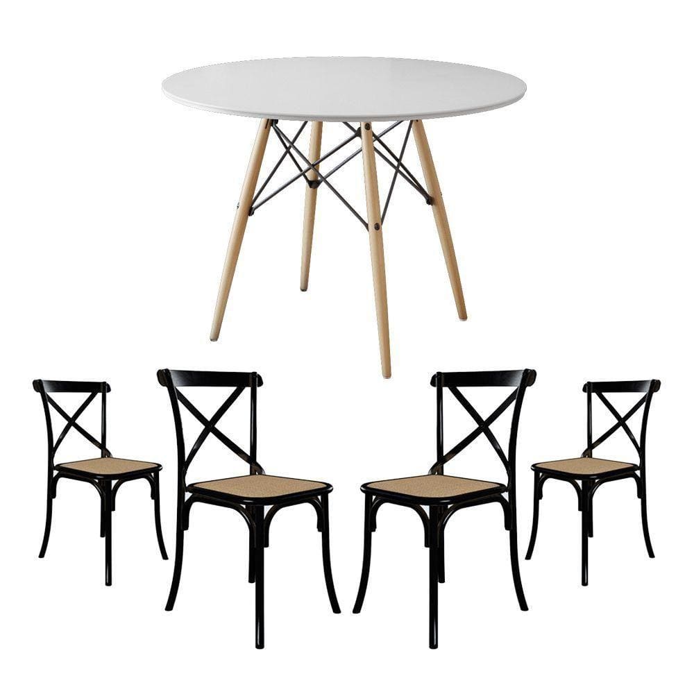 Conjunto De Mesa Eiffel Redondo Tampo De Madeira 90Cm Branco Com 4 Cadeiras Katrina Preto