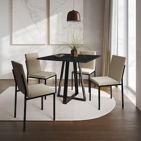 Conjunto De Jantar Mesa Mônaco 90Cm Tampo Preto Com 4 Cadeiras Estofadas Bege - Cor: Preto