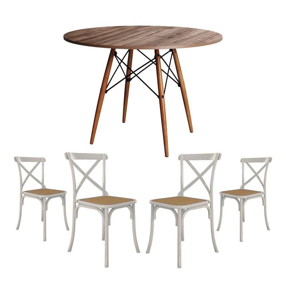 Jogo De Mesa Eiffel Redondo Tampo De Madeira 90Cm Amêndoa Com 4 Cadeiras Katrina Brancao Bege