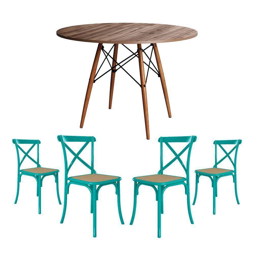 Jogo De Mesa Eiffel Redondo Tampo De Madeira 90Cm Amêndoa Com 4 Cadeiras Katrina Azul Turquesa
