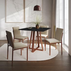 Conjunto De Jantar Mesa Mônaco 90Cm Tampo Preto Com 4 Cadeiras Bege Base Cobre - Cor: Preto