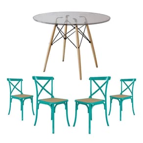Jogo De Mesa Eiffel Redondo Tampo De Vidro 110Cm Com 4 Cadeiras Katrina Azul Turquesa Assento Bege