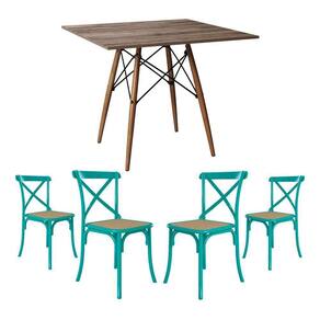 Conjunto De Mesa Eiffel Quadrado Tampo De Madeira 90Cm Amêndoa Com 4 Cadeiras Katrina Azul Turquesa