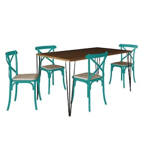 Jogo De Mesa Elen Retangular Tampo De Madeira 140X80Cm Amêndoa Com 4 Cadeiras Katrina Azul Turquesa