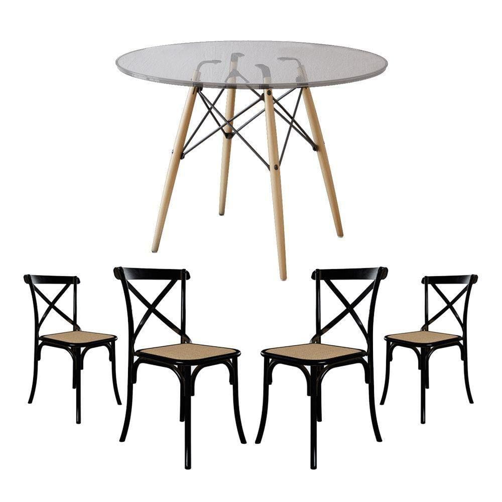 Jogo De Mesa Eiffel Redondo Tampo De Vidro 110Cm Com 4 Cadeiras Katrina Preto Assento Bege