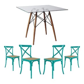 Jogo De Mesa Eiffel Quadrado Tampo De Vidro 110Cm Com 4 Cadeiras Katrina Azul Turquesa Assento Bege