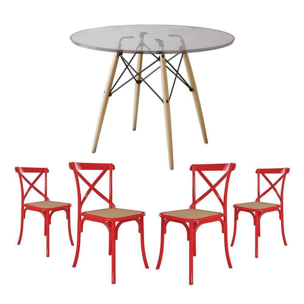 Jogo De Mesa Eiffel Redondo Tampo De Vidro 110Cm Com 4 Cadeiras Katrina Vermelha Assento Bege