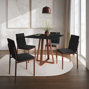 Conjunto De Jantar Mesa 90Cm Preta Com 4 Cadeiras Estofadas Pretas Base Cobre - Preto