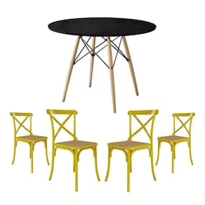 Conjunto De Mesa Eiffel Redondo Tampo De Madeira 110Cm Preto Com 4 Cadeiras Katrina Amarela Assento