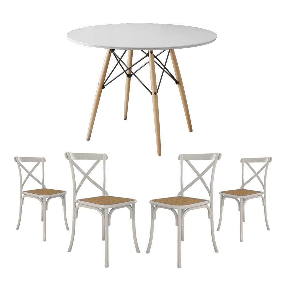 Conjunto De Mesa Eiffel Redondo Tampo De Madeira 90Cm Branco Com 4 Cadeiras Katrina Brancao