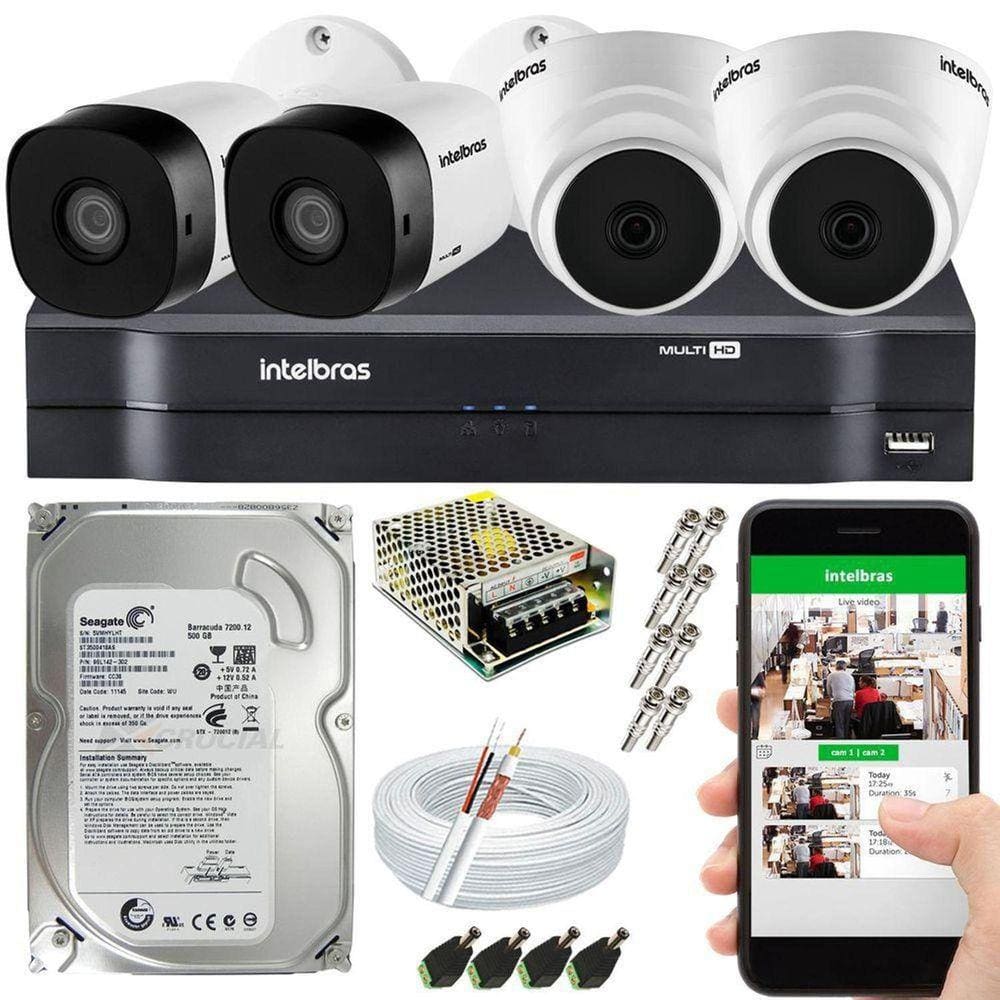 Kit CFTV 4 Câmeras Intelbras Internas e Externas 100% INTELBRAS