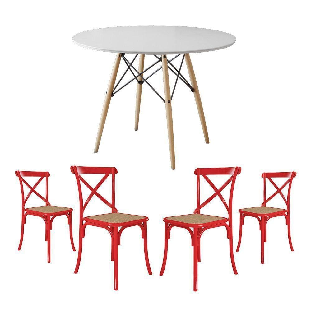 Conjunto De Mesa Eiffel Redondo Tampo De Madeira 110Cm Branco Com 4 Cadeiras Katrina Vermelha