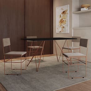 Mesa Jantar Industrial Trama 1,40X0,80M Preta Com 4 Cadeiras Estofadas Vitória Bege E Cobre