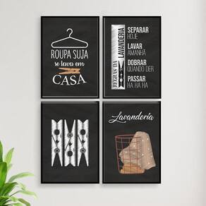 Kit 4 Quadros Decorativo Lavanderia Giz 45X34Cm - Com Vidro
