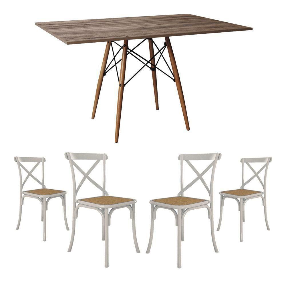 Conjunto De Mesa Eiffel Retangular Tampo De Madeira 120X75Cm Amêndoa Com 4 Cadeiras Katrina Branca