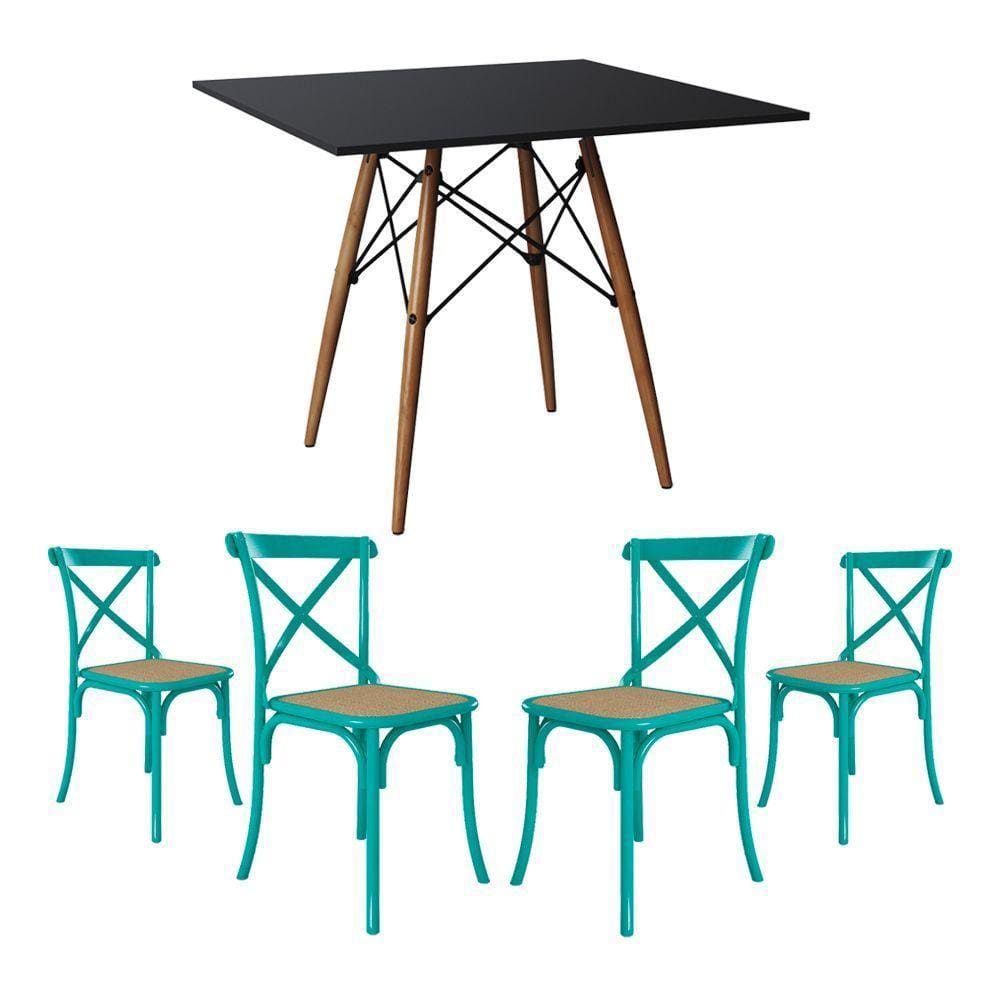 Jogo De Mesa Eiffel Quadrado Tampo De Madeira 90Cm Preto Com 4 Cadeiras Katrina Azul Turquesa
