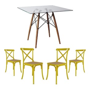 Jogo De Mesa Eiffel Quadrado Tampo De Vidro 110Cm Com 4 Cadeiras Katrina Amarela Assento Bege
