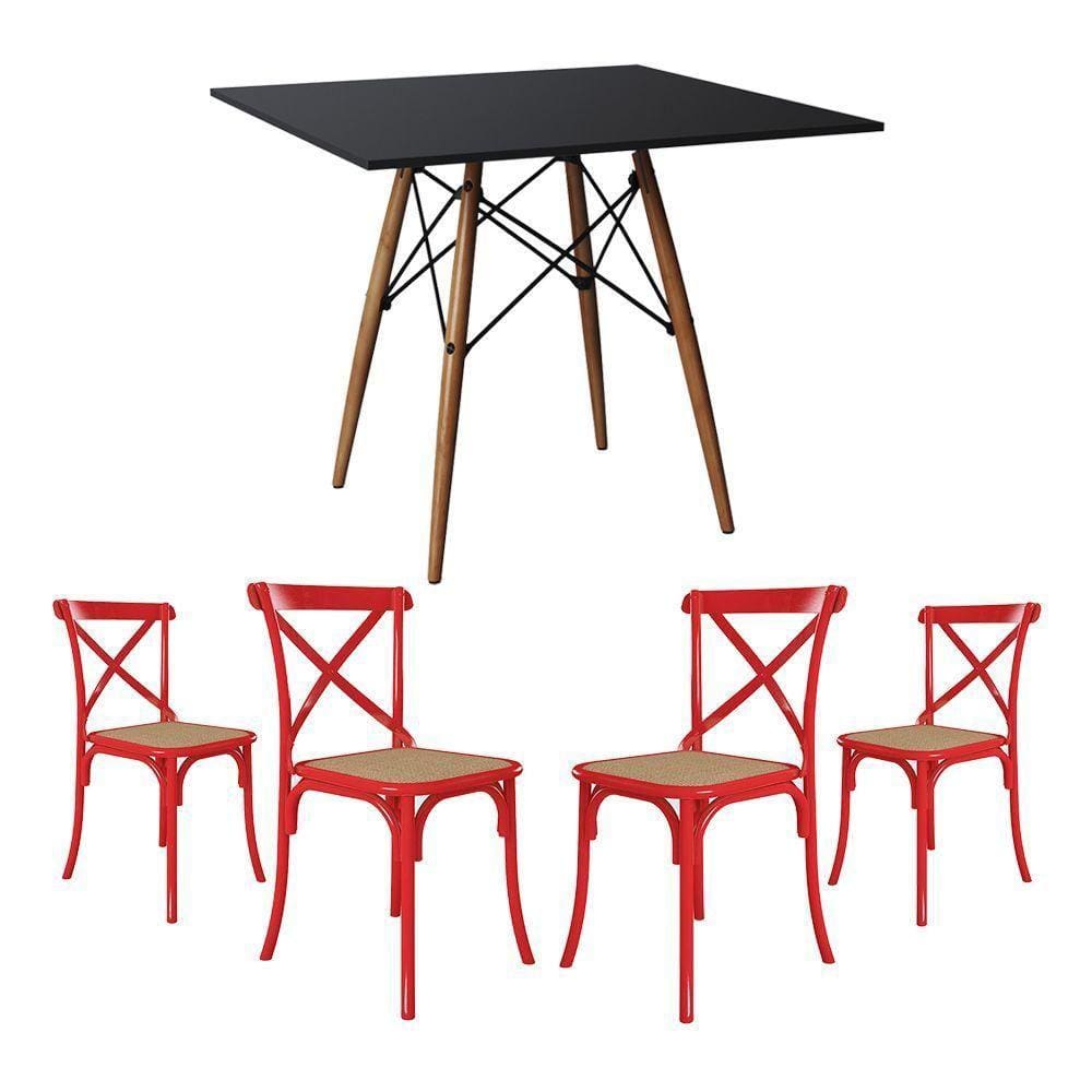 Jogo De Mesa Eiffel Quadrado Tampo De Madeira 90Cm Preto Com 4 Cadeiras Katrina Vermelhao Beg