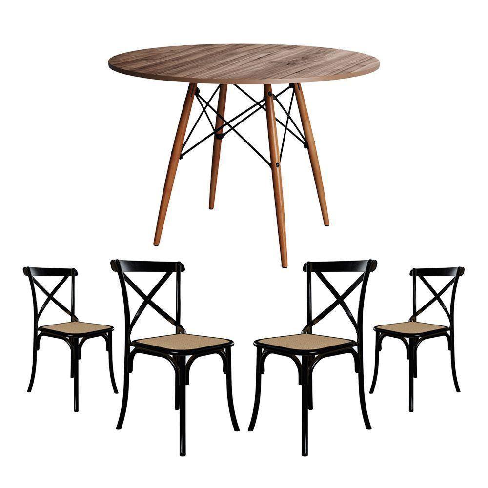 Jogo De Mesa Eiffel Redondo Tampo De Madeira 110Cm Amêndoa Com 4 Cadeiras Katrina Pretoo Bege