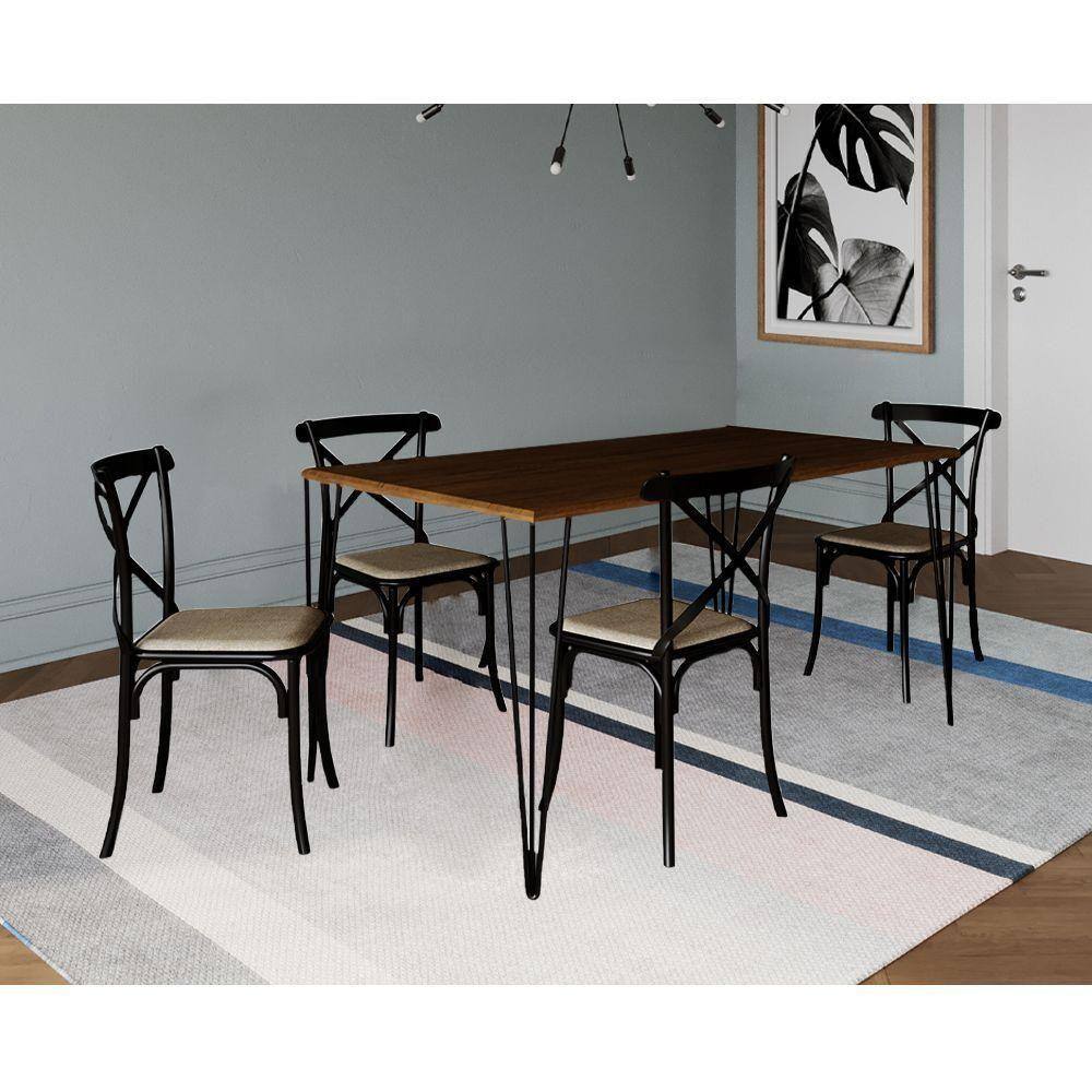 Jogo De Mesa Elen Retangular Tampo De Madeira 140X80Cm Amêndoa Com 4 Cadeiras Katrina Preto Assento