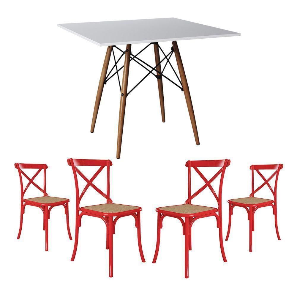 Jogo De Mesa Eiffel Quadrado Tampo De Madeira 90Cm Branco Com 4 Cadeiras Katrina Vermelhao Be