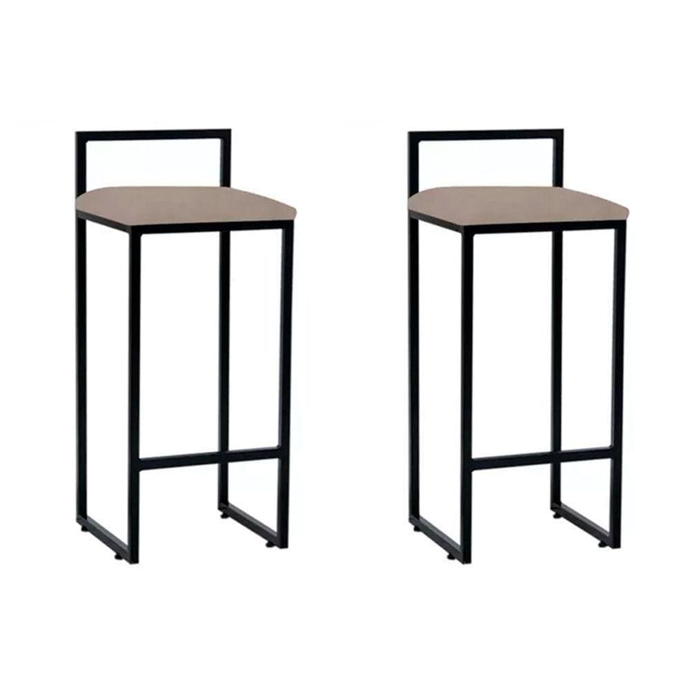 Kit 2 Banquetas Altas Industriais Em Aço Dori Preto Assento Suede Bege - Cor: Bege