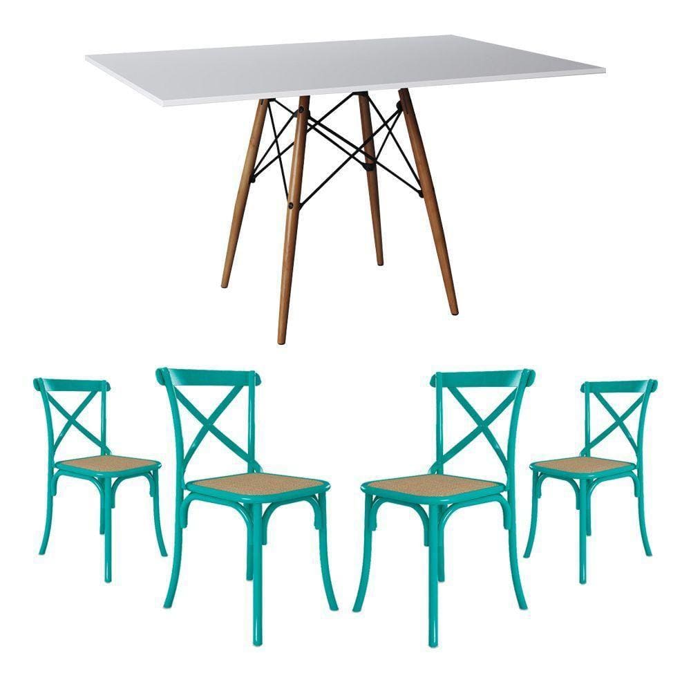 Jogo De Mesa Eiffel Retangular Tampo De Madeira 120X75Cm Branco Com 4 Cadeiras Katrina Azul Turquesa