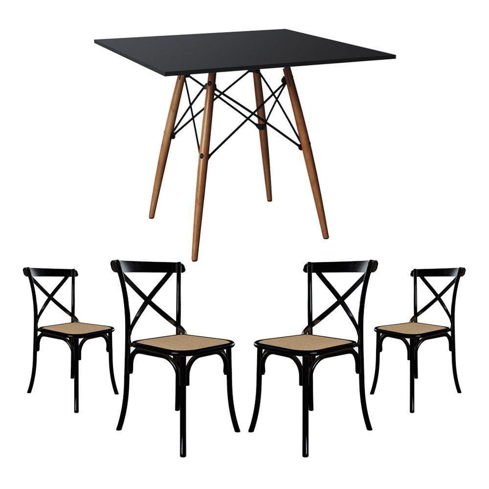 Jogo De Mesa Eiffel Quadrado Tampo De Madeira 90Cm Preto Com 4 Cadeiras Katrina Preto Assento Bege