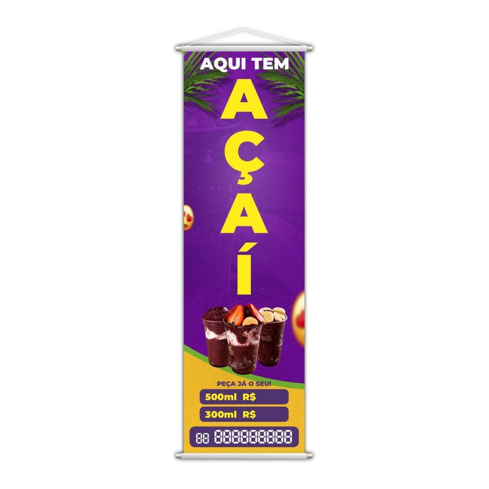 Banner Aqui Tem Açaí Preço Tamanhos Tele 100X30Cm