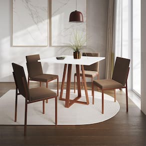 Conjunto De Jantar Mesa 90Cm Branca Com 4 Cadeiras Estofadas Marrom Base Cobre - Preto