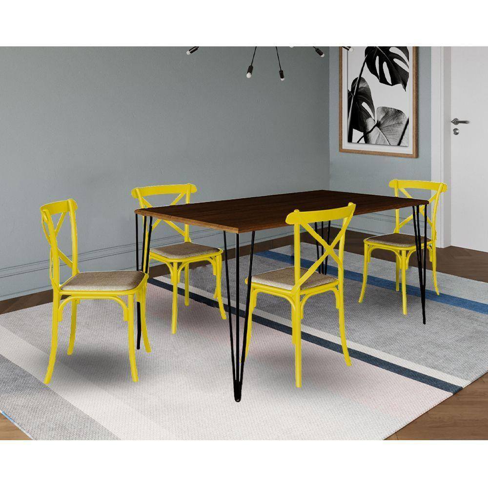 Jogo De Mesa Elen Retangular Tampo De Madeira 140X80Cm Amêndoa Com 4 Cadeiras Katrina Amarela