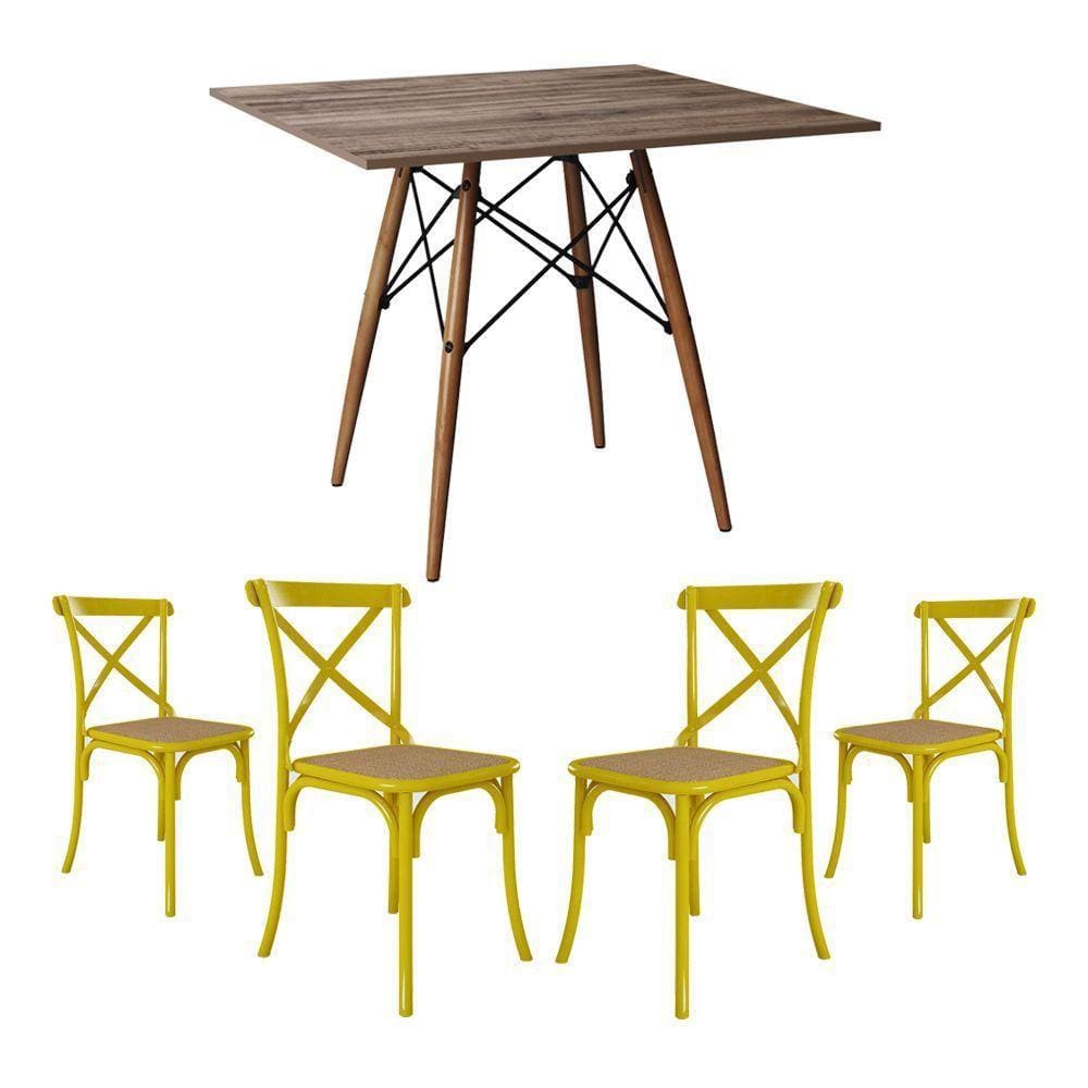 Jogo De Mesa Eiffel Quadrado Tampo De Madeira 90Cm Amêndoa Com 4 Cadeiras Katrina Amarelao Be