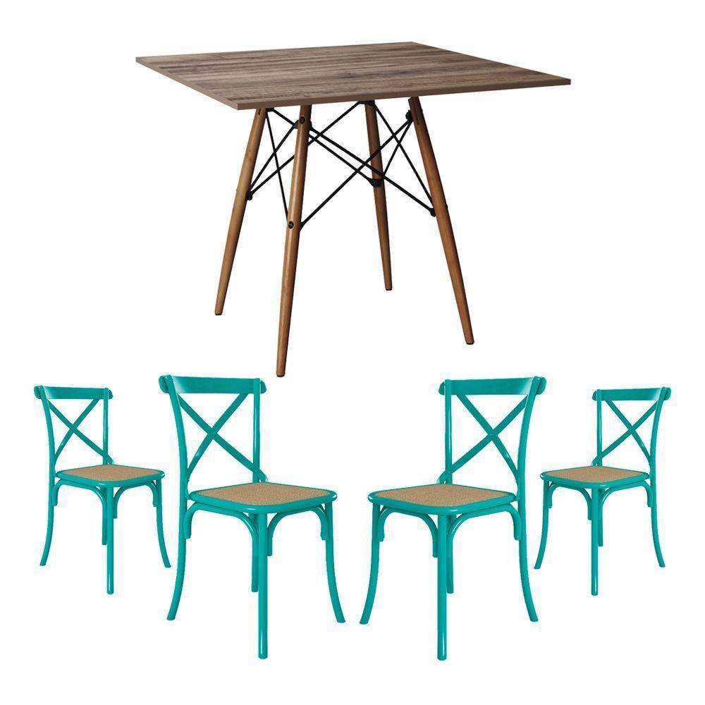 Jogo De Mesa Eiffel Quadrado Tampo De Madeira 90Cm Amêndoa Com 4 Cadeiras Katrina Azul Turquesa
