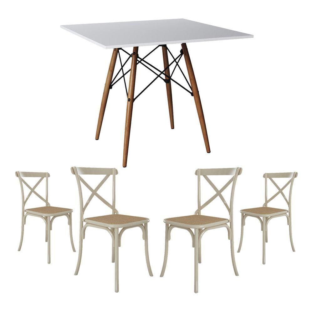 Jogo De Mesa Eiffel Quadrado Tampo De Madeira 90Cm Branco Com 4 Cadeiras Katrina Off Whiteo B